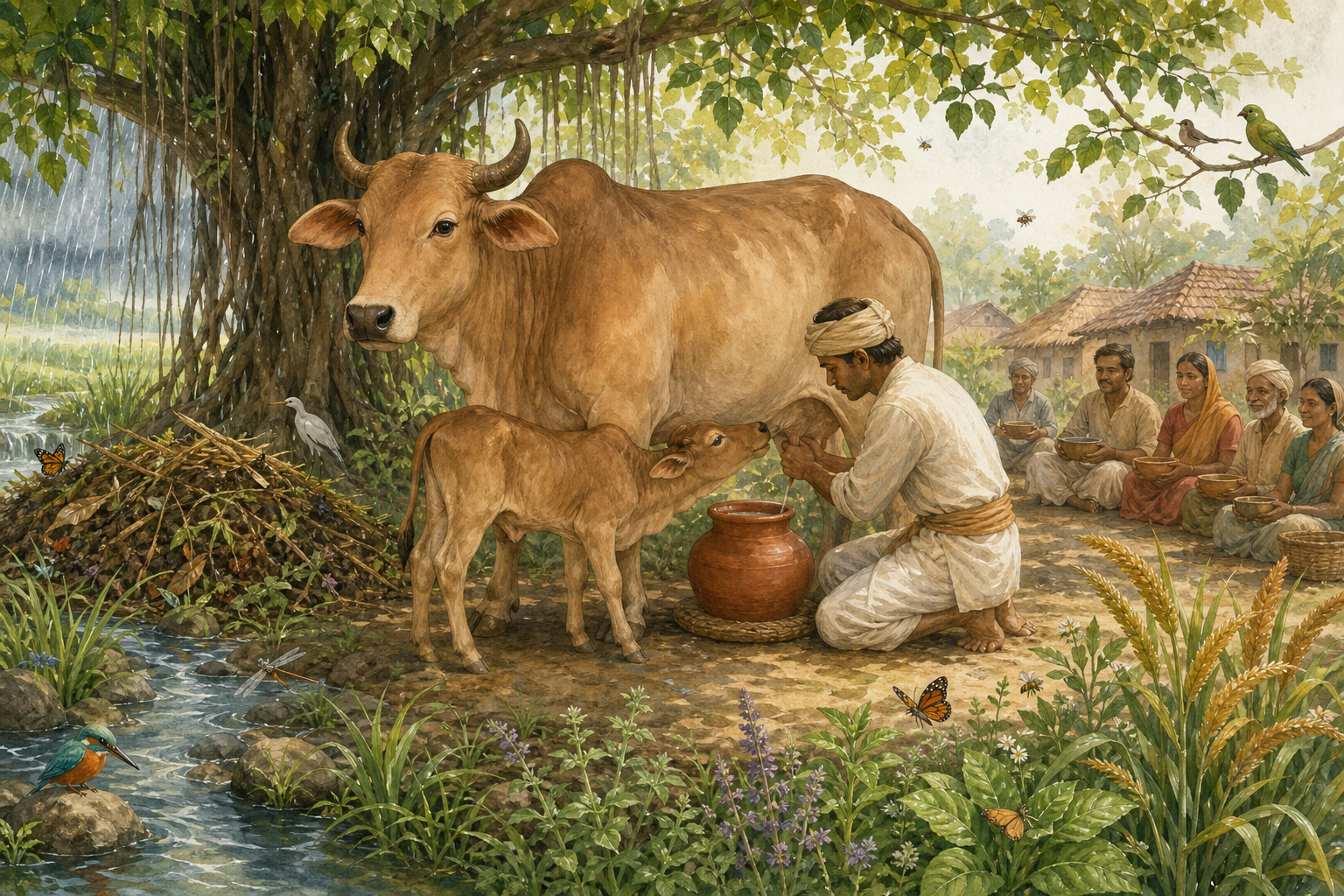 A steward gently milks a cow into a clay pot while the calf stays close, surrounded by pasture, water, crops, compost, wildlife, and village households.