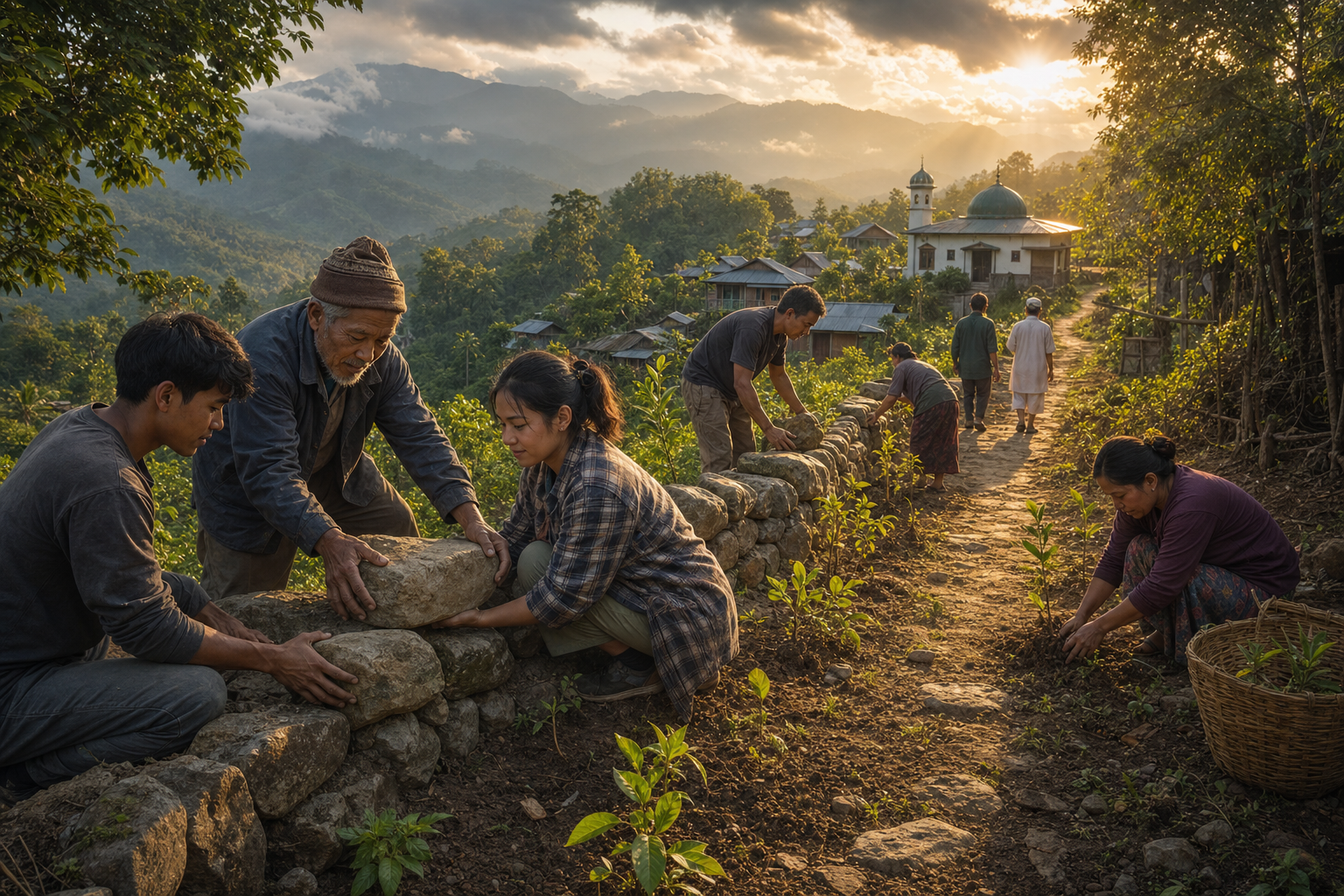 Indigenous residents and Muslim neighbors restore a stone land boundary and plant saplings while preserving a shared path on a forested hillside.