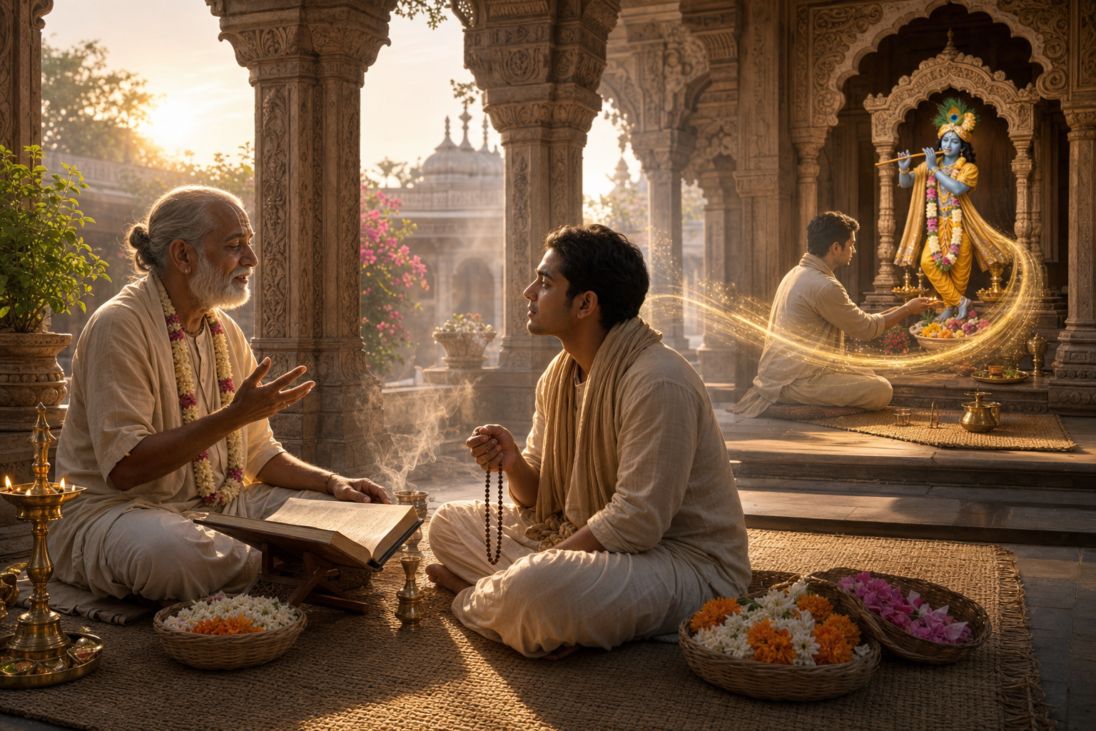 A devotee listens to Krishna-lila beside an open scripture and later arranges flowers before a small Krishna altar in a dawn-lit temple courtyard.
