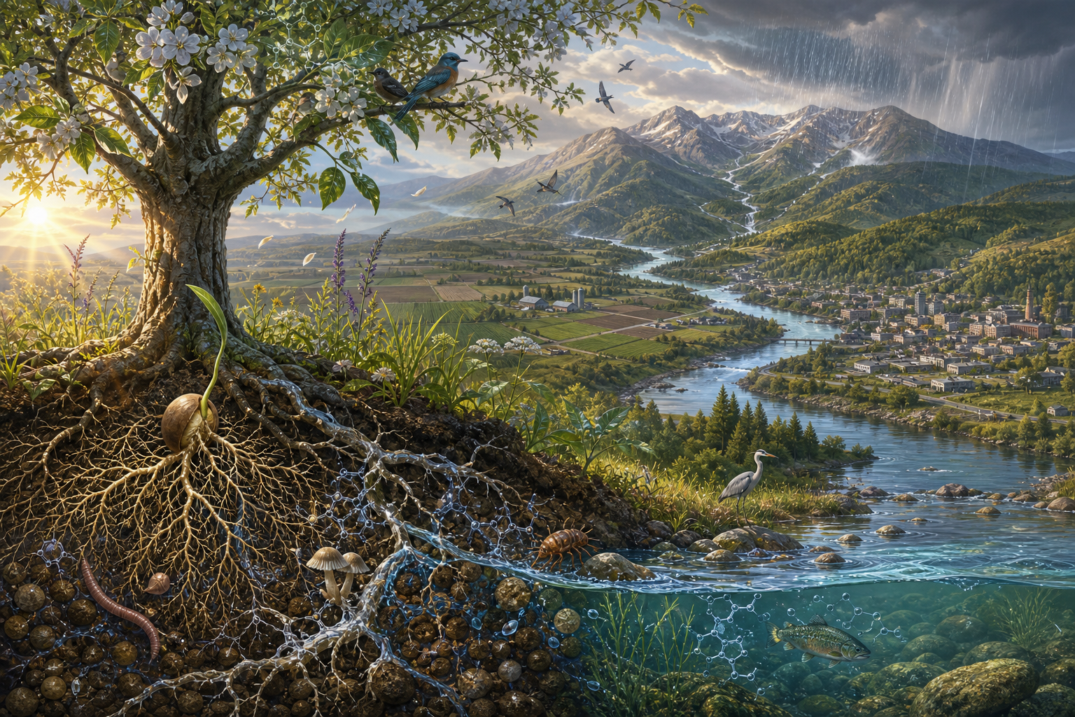 A cutaway landscape connects a germinating seed, soil organisms, a flowering tree, wildlife, rainfall, farms, mountains and a river across several scales.
