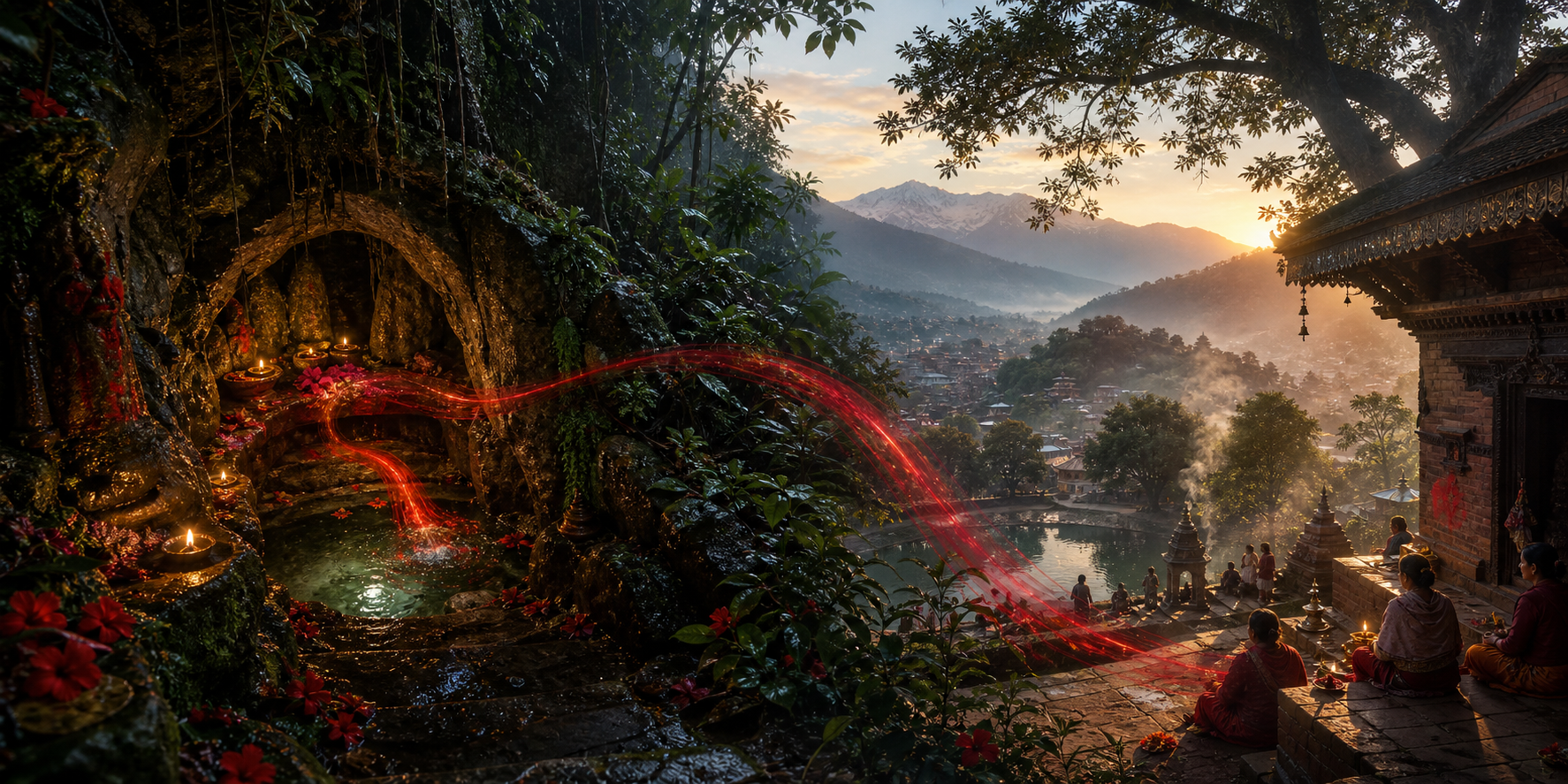 A red ribbon of light connects a spring-fed hill sanctum in Assam with a dawn-lit sacred precinct in the Kathmandu Valley.