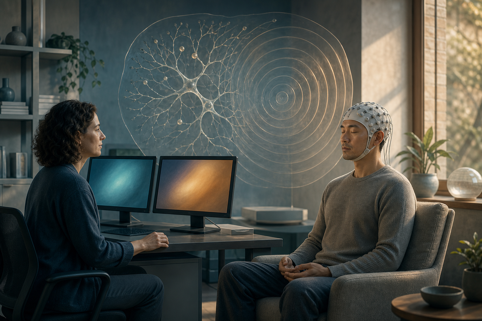 A meditation practitioner wearing a brain-sensing cap sits in a research room while a researcher observes nearby, with neuron-like branches and circular ripples behind them.