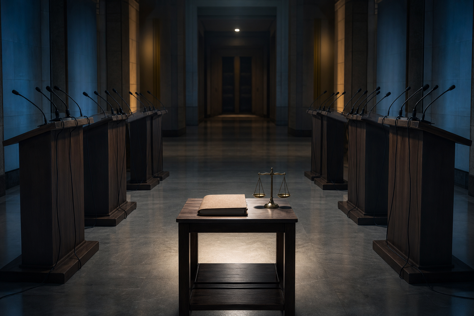 Opposing empty lecterns and microphones face a lit evidence file and balance scale.