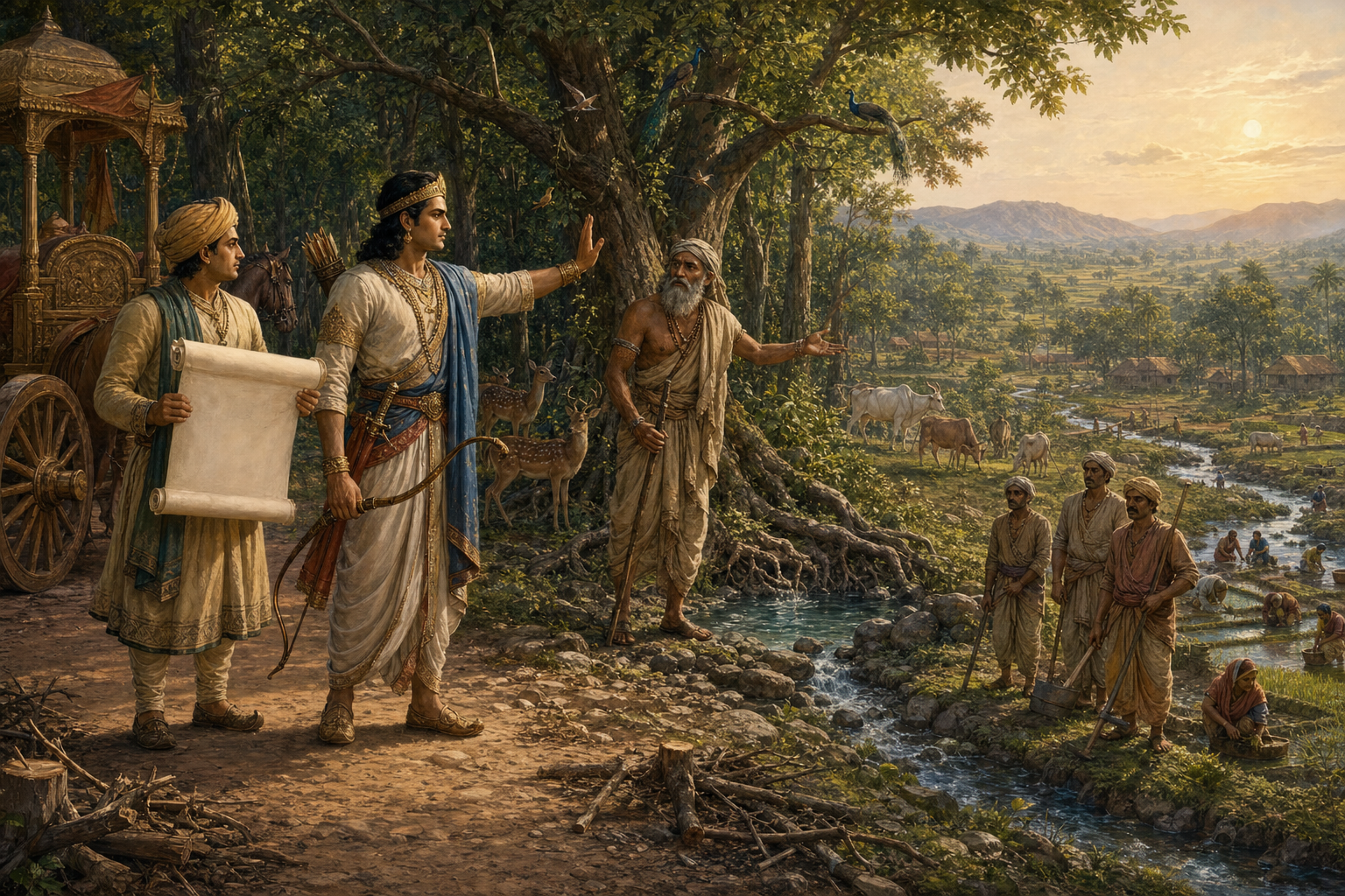 An ancient Indian ruler pauses workers at the edge of a forest while an elder points to a spring, tree roots, wildlife, cattle, and downstream farms.