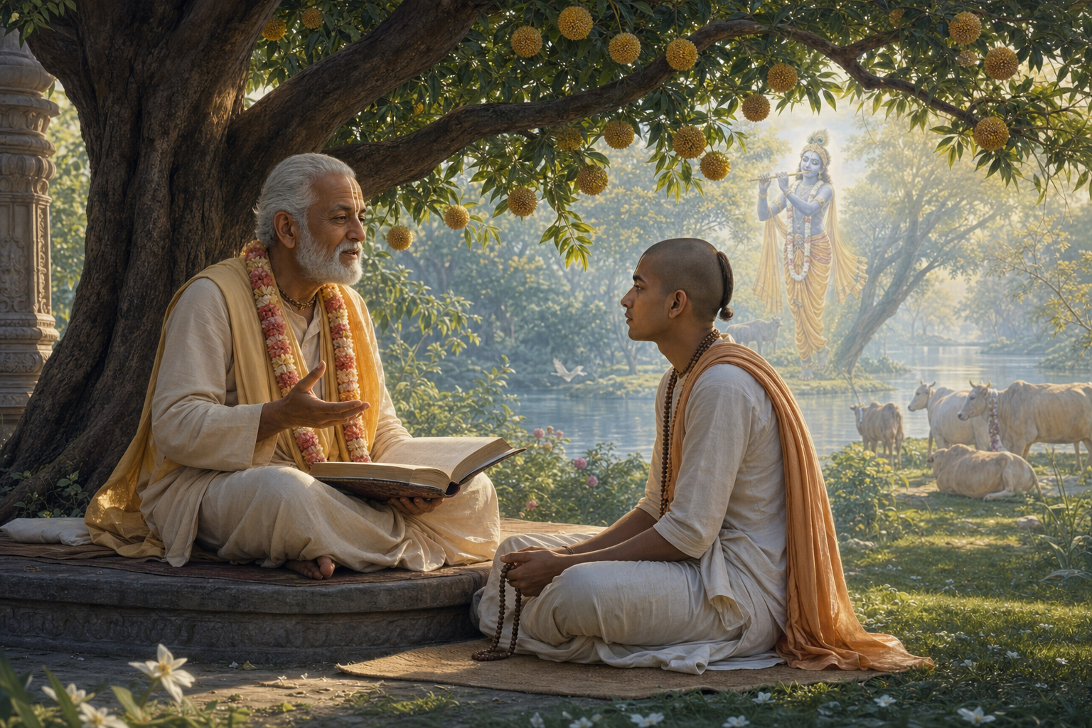 A seated devotee listens closely to an elder reading beneath a flowering tree as a faint vision of Krishna with a flute appears in the misty background.