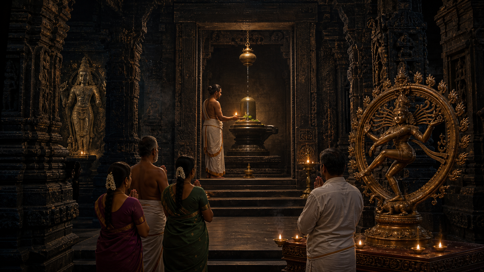 A priest offers a lamp and bilva leaves to a Shiva linga in a dark temple sanctum, while a bronze Nataraja and a carved niche image occupy secondary spaces.