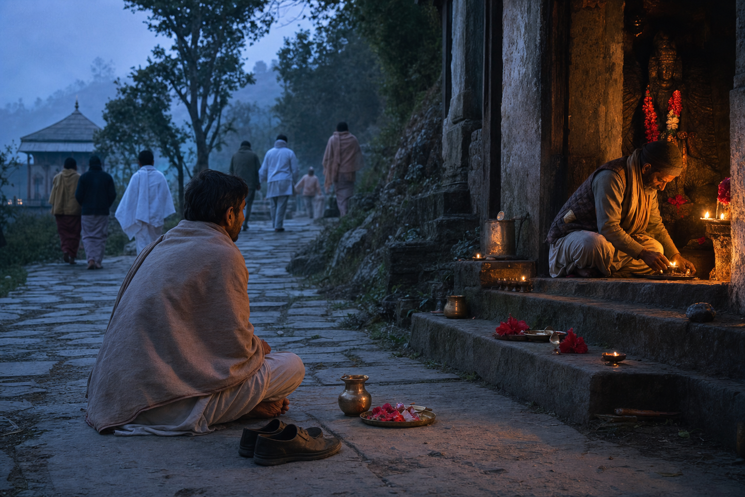 A barefoot pilgrim sits quietly beside a stone shrine path at dawn after leaving water and red flowers near glowing oil lamps.