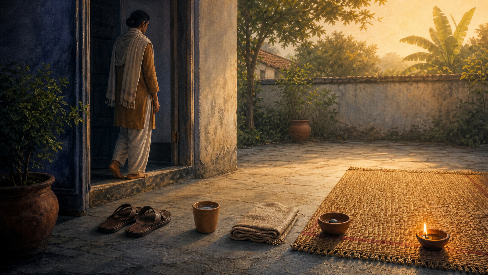 A person in a dawn courtyard arranges water, a folded shawl, and a clay bowl along a path leading to a woven practice mat and glowing lamp.