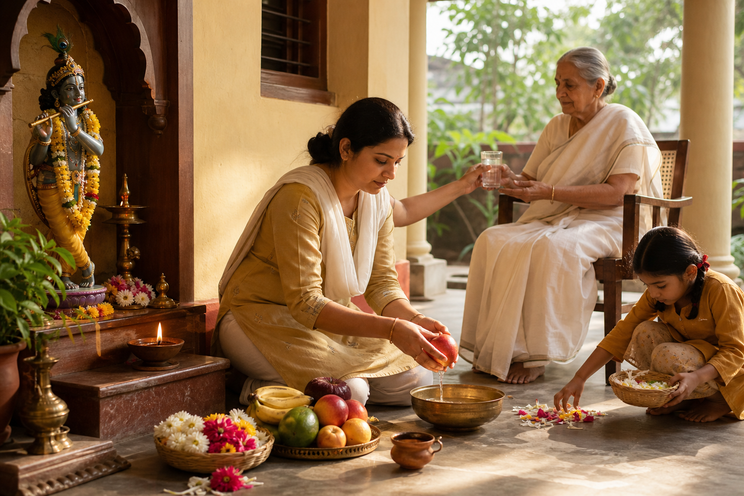 A practitioner prepares fruit and flowers for a small Krishna altar while a child gathers petals and an elderly family member receives water.