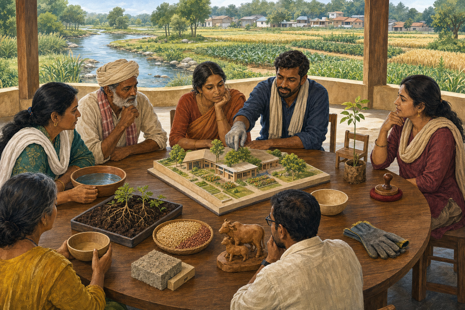 A modern leadership team evaluates a scale model alongside soil, water, grain, a cow-and-calf carving, a worker's glove, a household bowl, and a sapling before approving it.