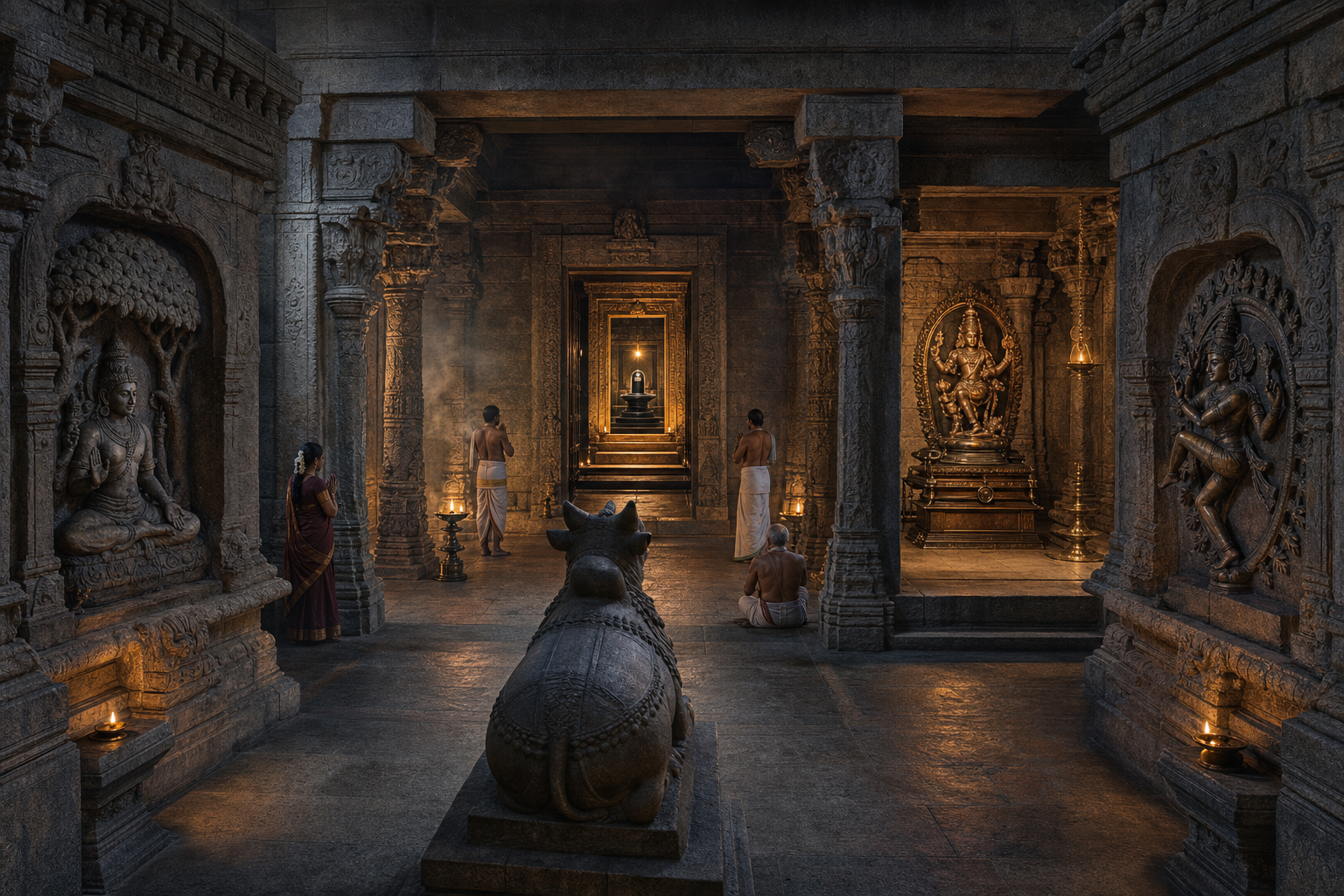 A cutaway view of a Shiva temple shows Nandi facing the central linga, with a pillared hall, a processional bronze, and sculpted Shiva forms in side niches.