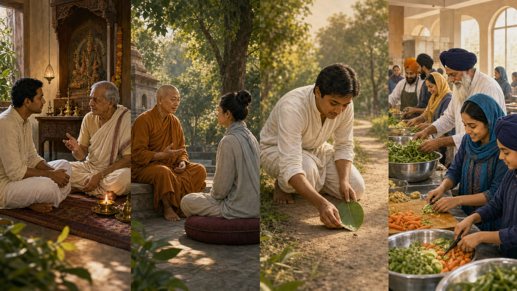 Four adjacent scenes show a householder consulting an elder, a meditator listening to a monastic teacher, a person moving an insect from a path, and volunteers preparing food together.