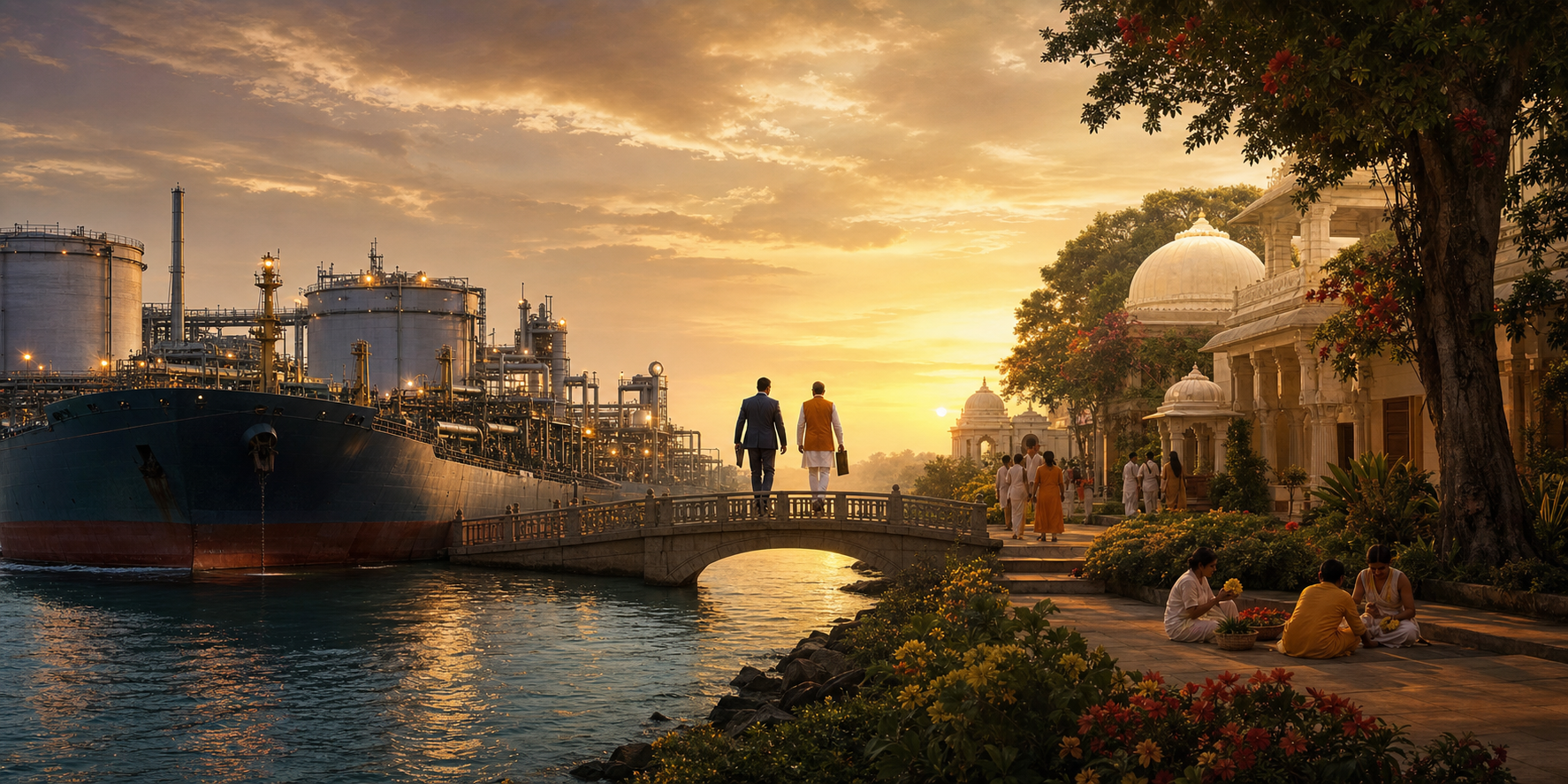 An oil tanker and energy terminal share a balanced scene with a South Indian spiritual campus, linked by two distant diplomatic figures crossing a bridge.