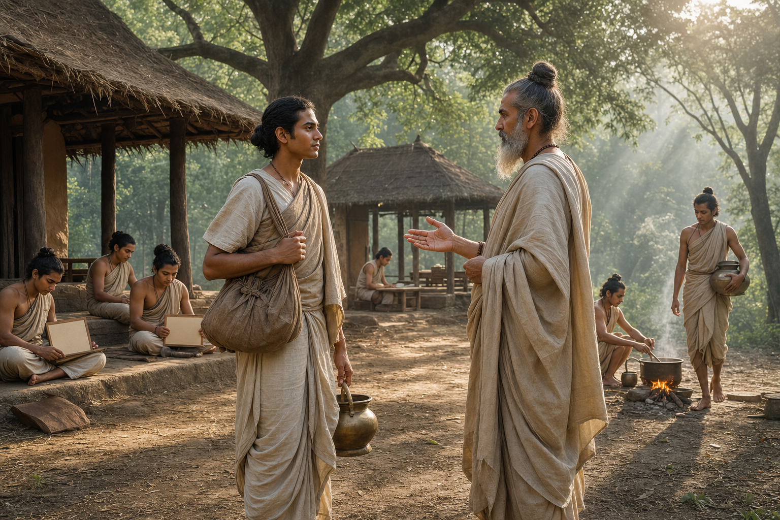 An elder teacher counsels a departing student in a forest learning community while other students study and perform daily duties.