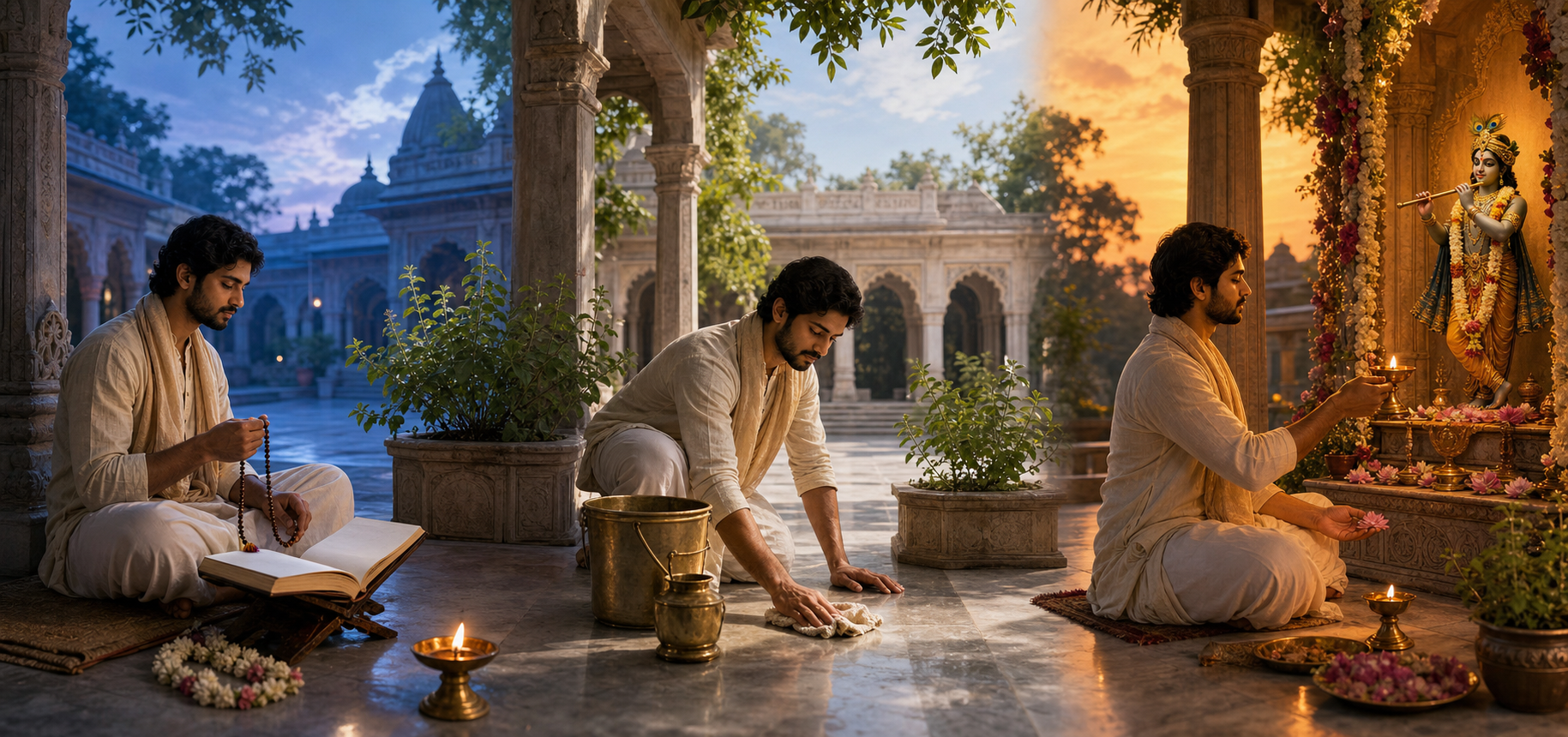 A panoramic sequence shows one devotee hearing scripture at dawn, cleaning and carrying water by day, and offering a lamp before Krishna at dusk.