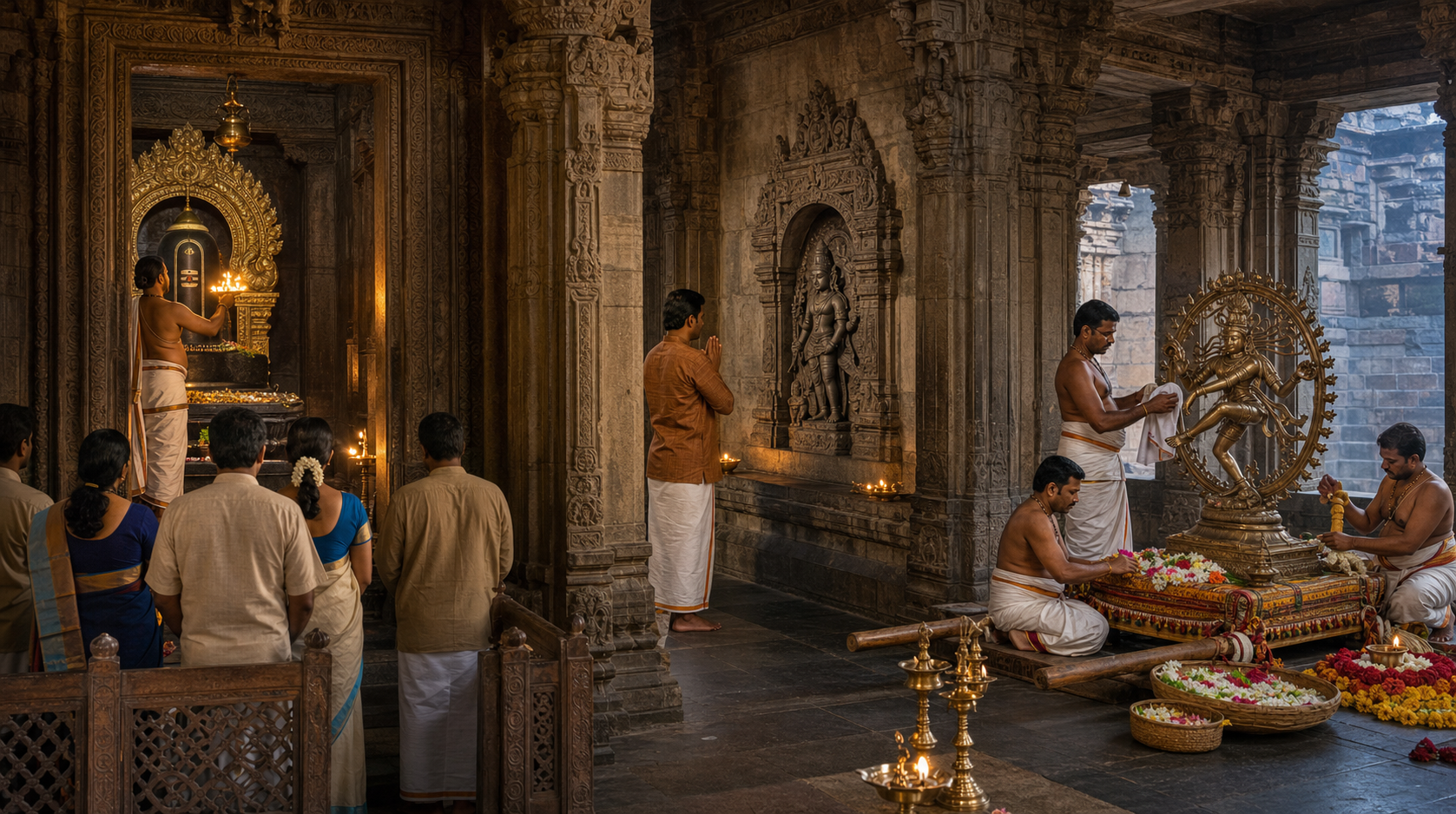 Worshippers observe different forms of Shiva as a priest serves the sanctum linga, a devotee bows to a niche carving, and attendants prepare a processional bronze.