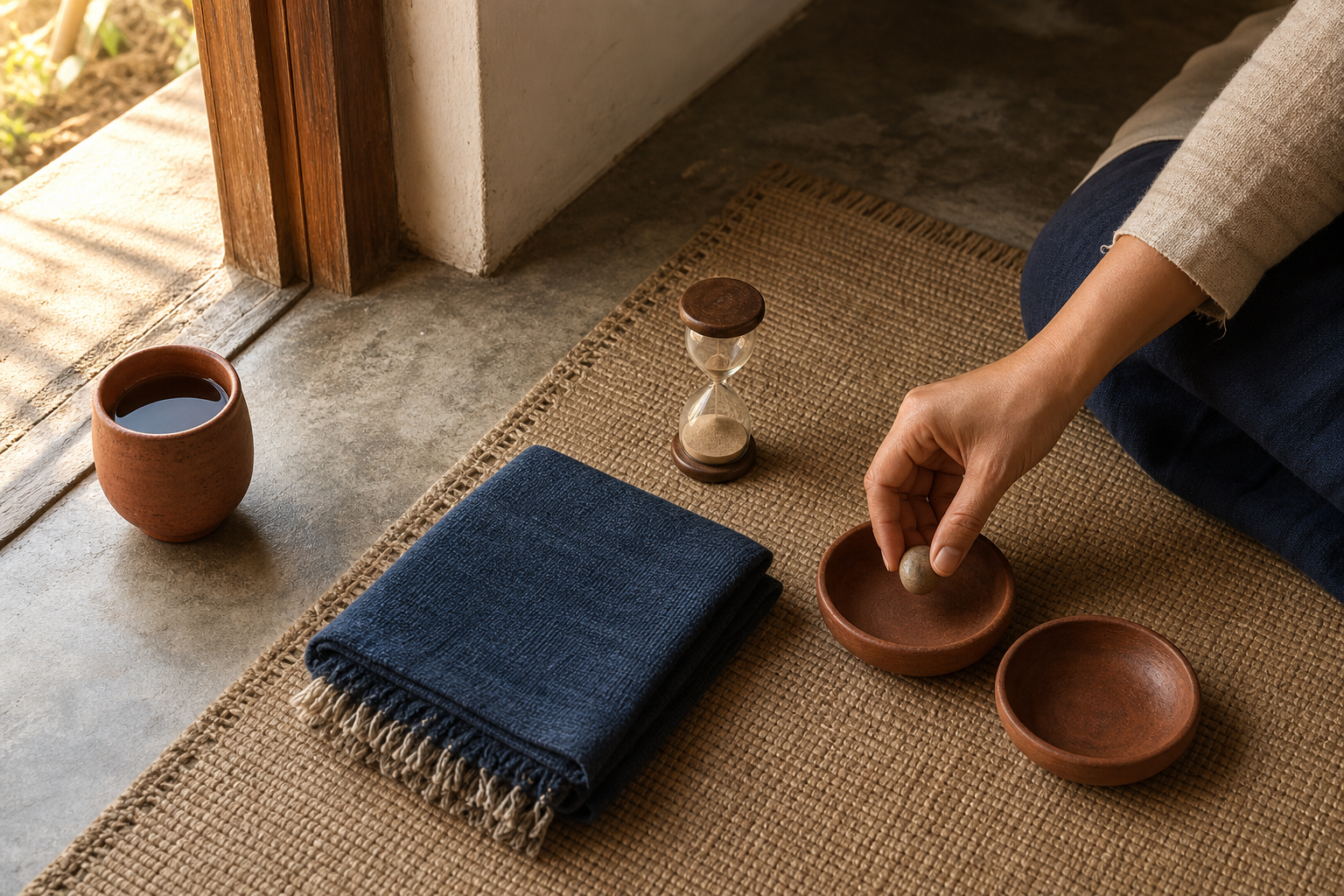 A person moves a pebble between two clay bowls beside a prepared practice mat, cup of water, folded shawl, and small hourglass.