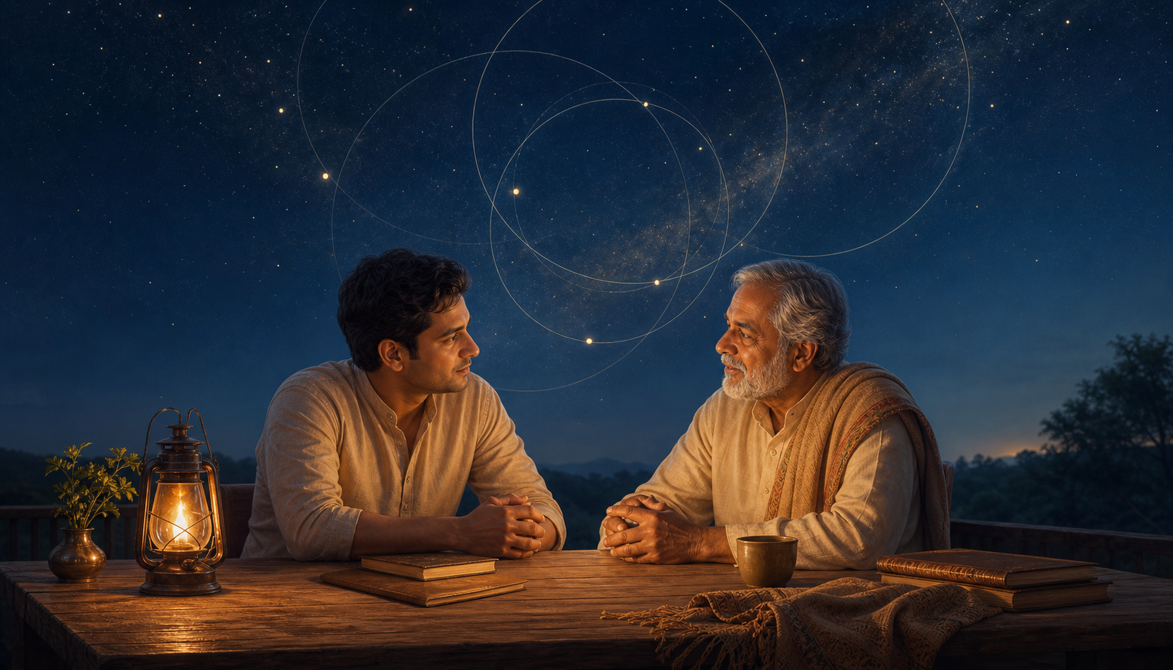 An adult child and older father sit together under a night sky as translucent celestial circles overlap above them.