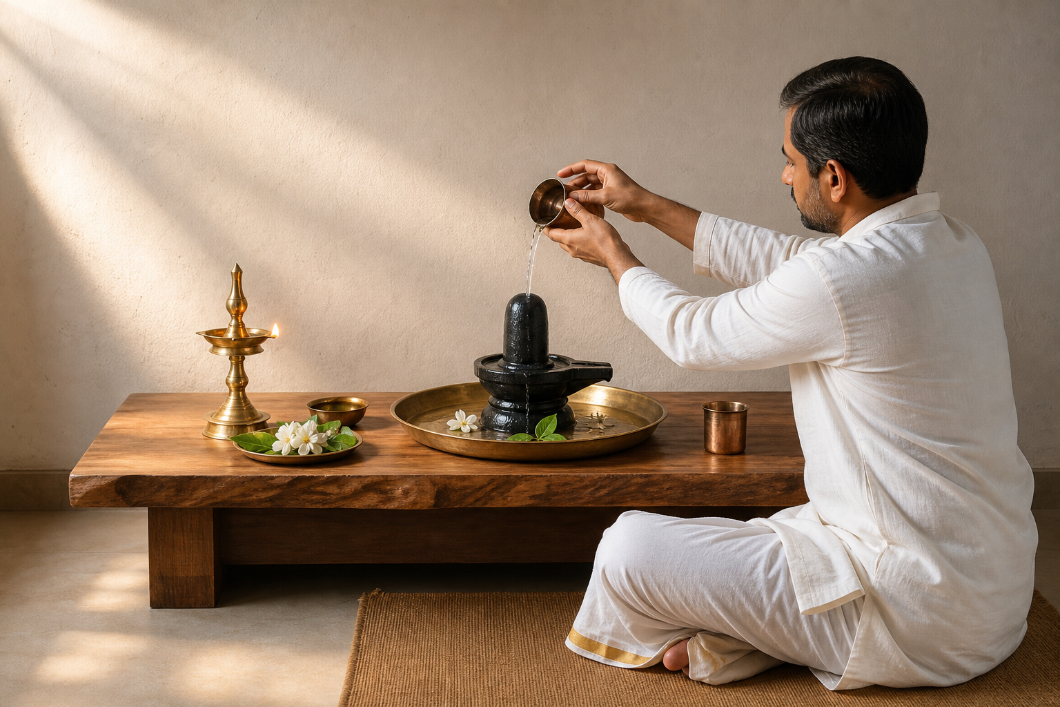 A householder performs a simple home puja before a small Shiva linga with water, a brass lamp, white flowers, and bilva leaves on a clean altar.
