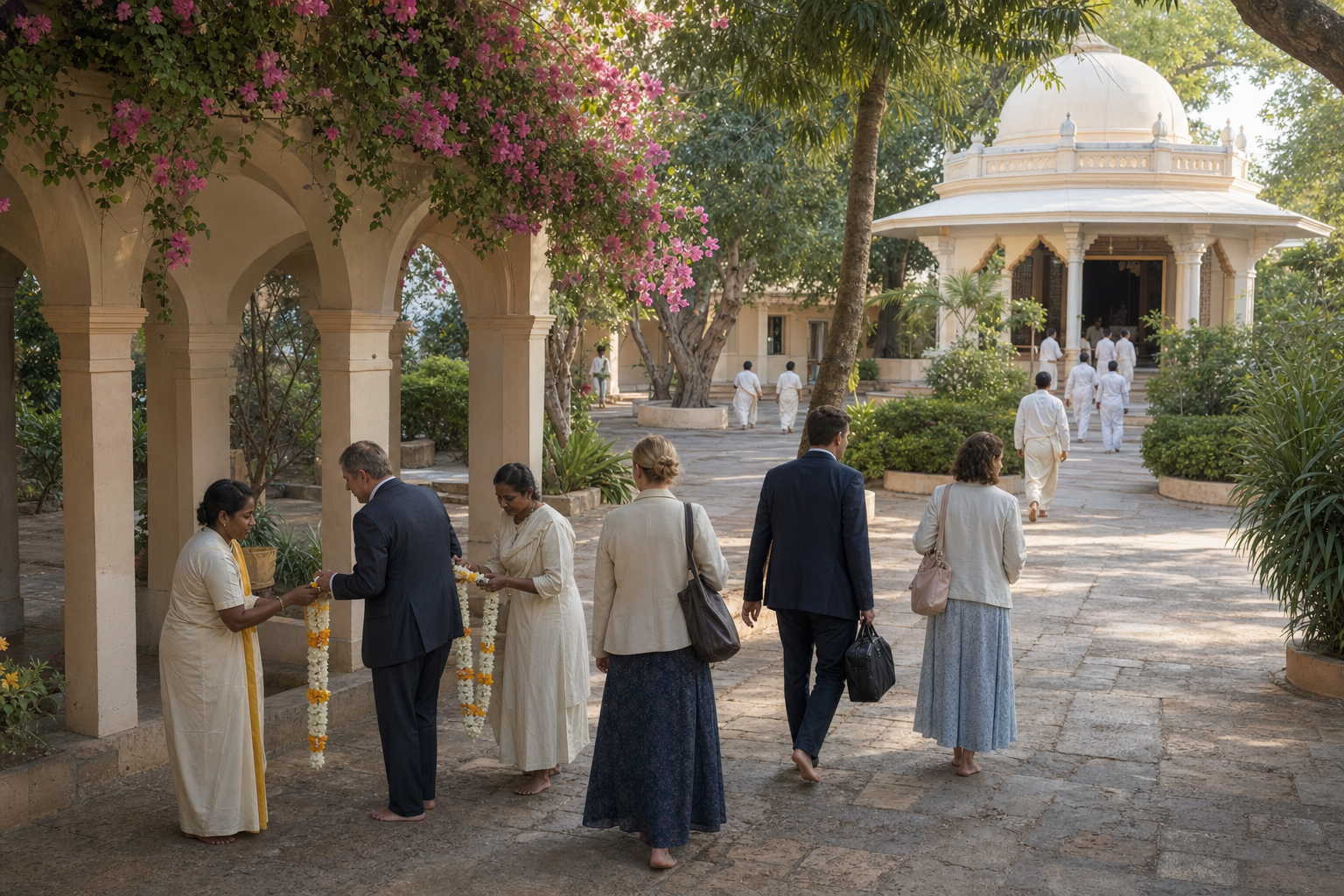 An anonymous international delegation is welcomed with flower garlands in the courtyard of a peaceful South Indian spiritual center.