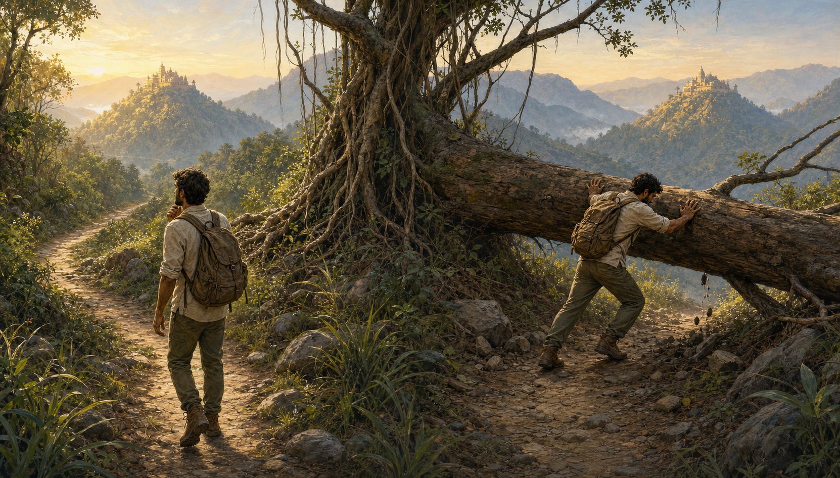 Two travelers face fallen trees on mountain paths; one follows a safe route around the obstacle while the other keeps pushing against the trunk.