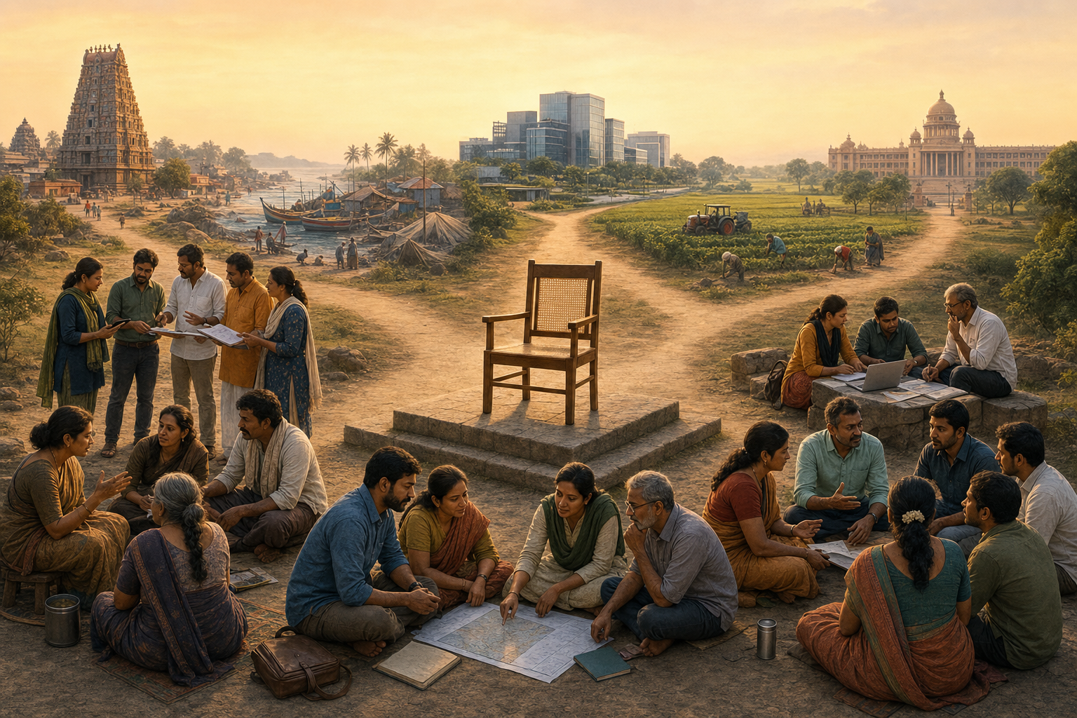 An empty chair sits behind fictional political organizers working in groups as five paths extend toward varied southern Indian landscapes.