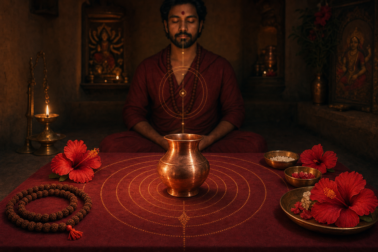 A copper ritual vessel, oil lamp, hibiscus flowers, and prayer beads arranged before a seated practitioner in a softly lit shrine.