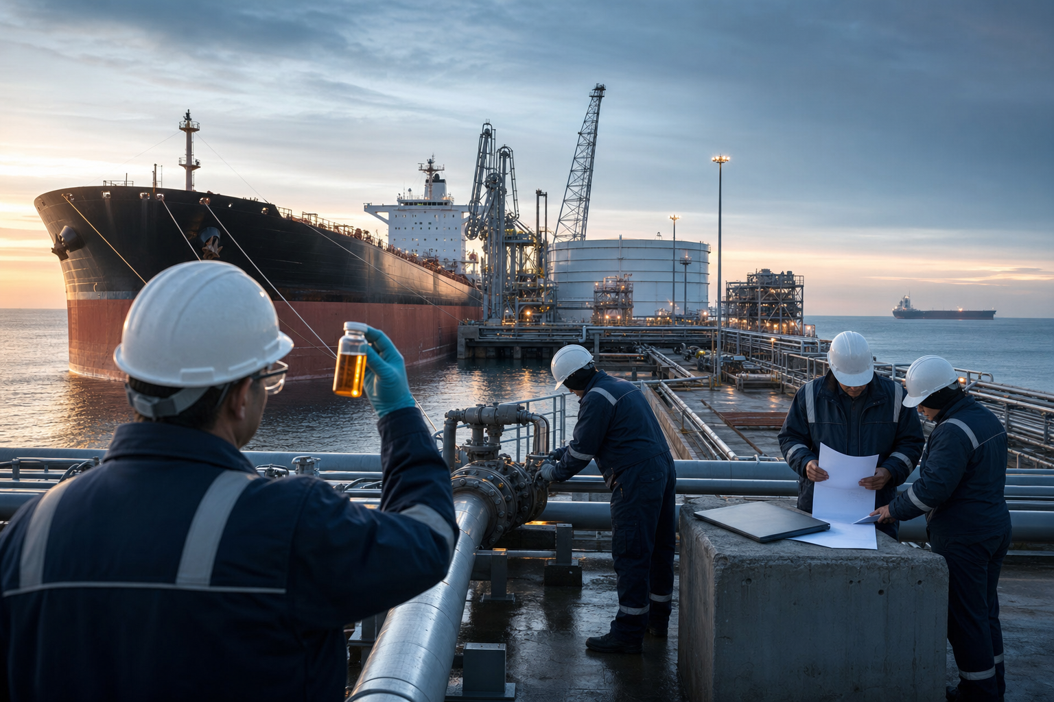 A crude-oil tanker is serviced at a port while technicians inspect a sample and negotiators review documents near refinery equipment.