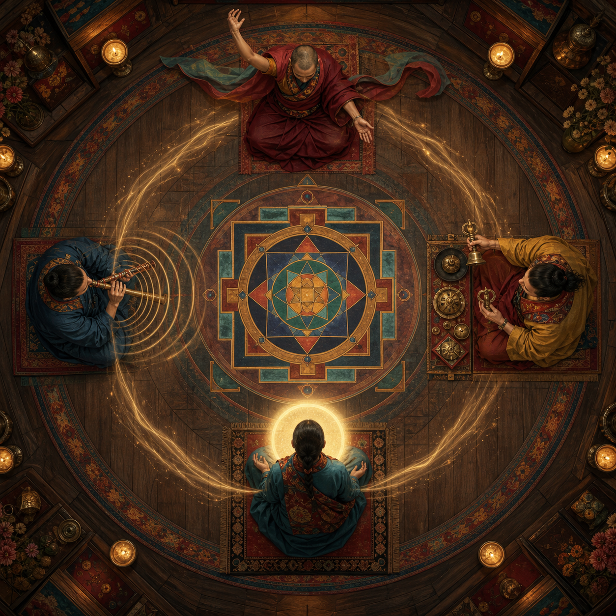 Four practitioners perform complementary ritual actions around a central mandala, linked by a continuous circle of light.