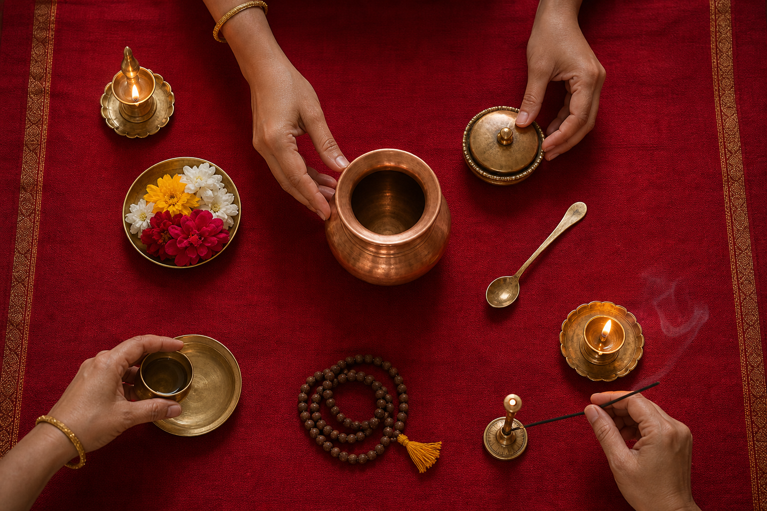 A practitioner's hands place a white flower beside a copper vessel of water on a simple floor altar.