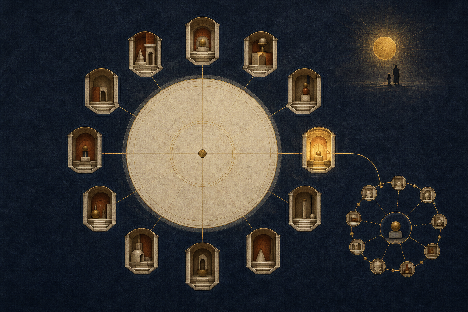 An unlabeled circular arrangement of twelve alcoves is linked by a golden path to a second ring beside a father-and-child silhouette.