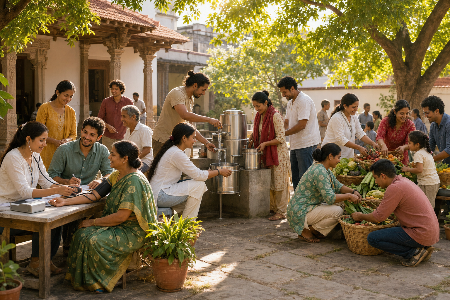 Indian and Latin American volunteers provide health checks, clean water and food assistance together in a sunlit community courtyard.