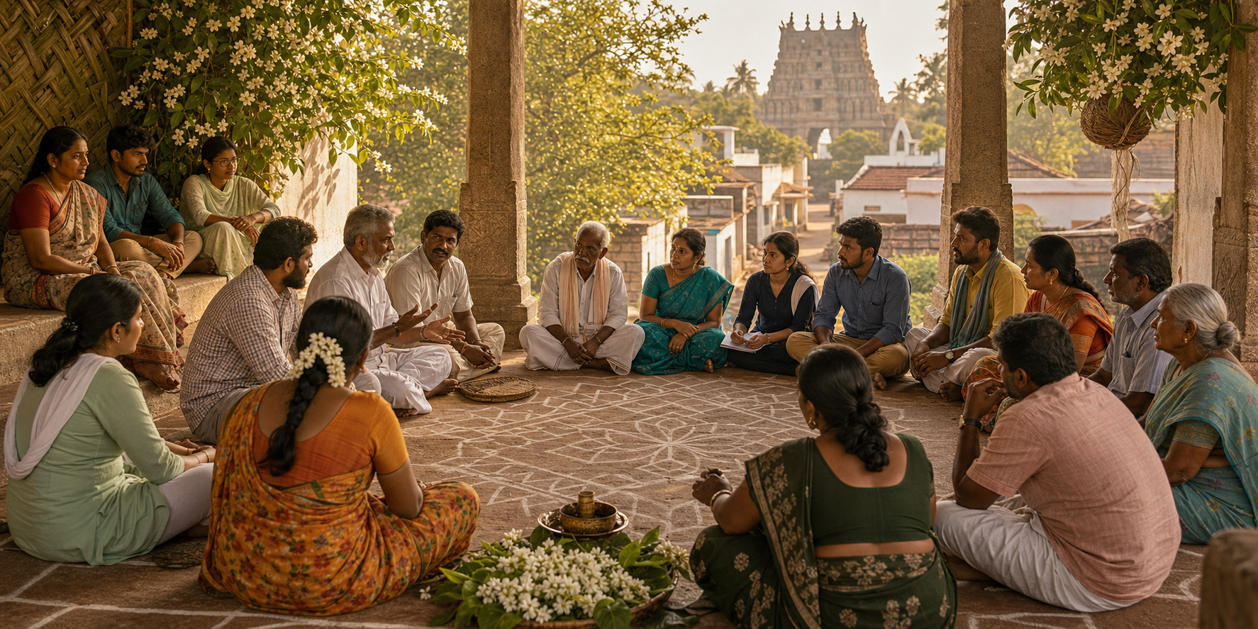 A continuous South Indian panorama shows five contrasting regional settings, including a harbor, backwaters, a city, a dry plateau, and a river delta.