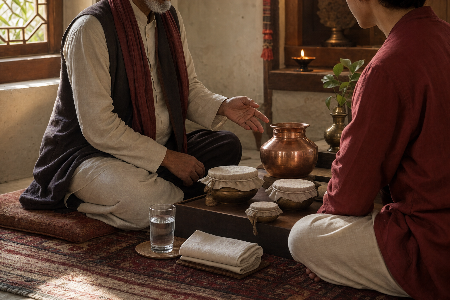 A bronze bowl holds water that changes from shadowed and clouded on one side to still and clear in a beam of light on the other.