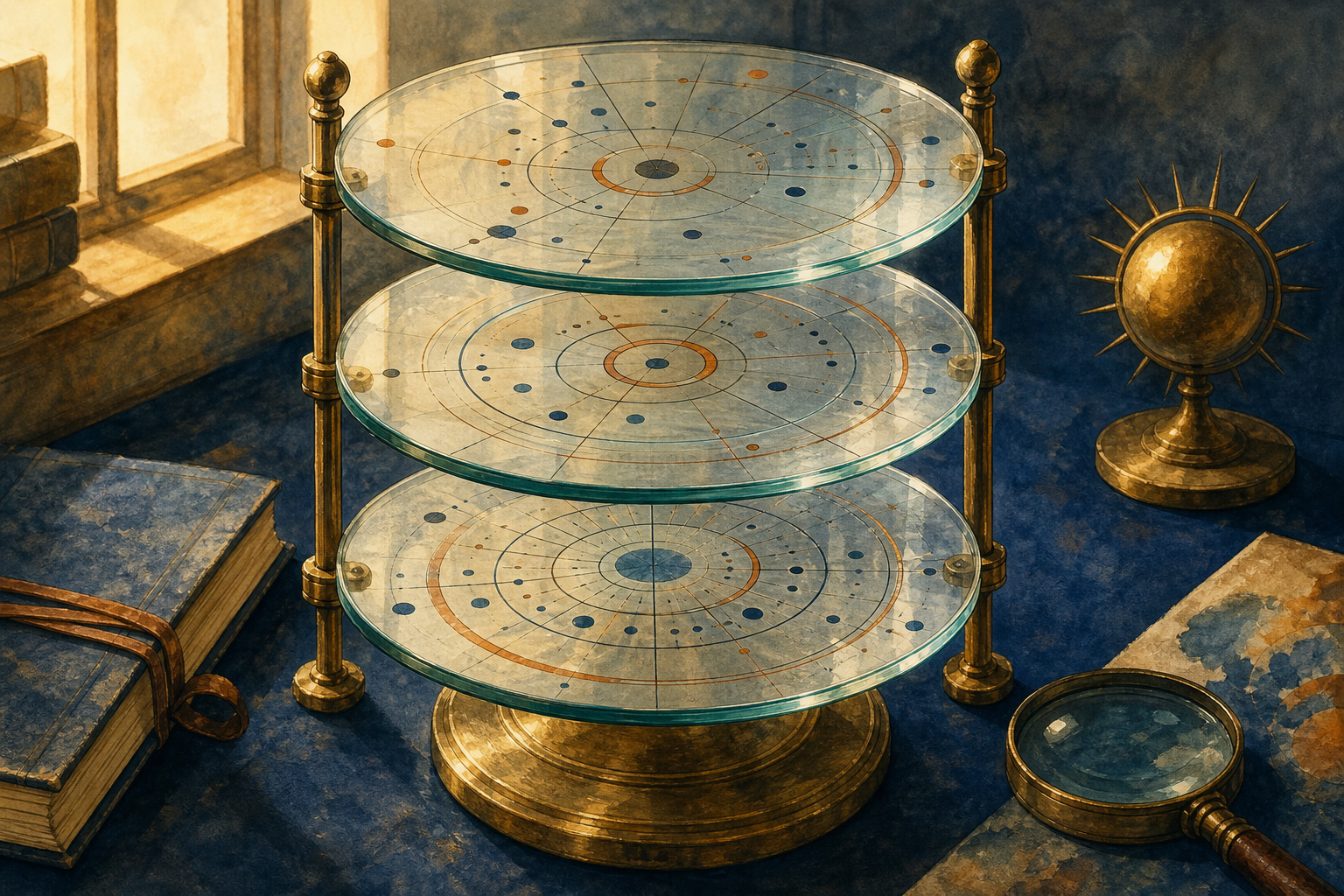 Three translucent circular plates with abstract dots and arcs are aligned on a brass stand beside a magnifying lens and notebook.