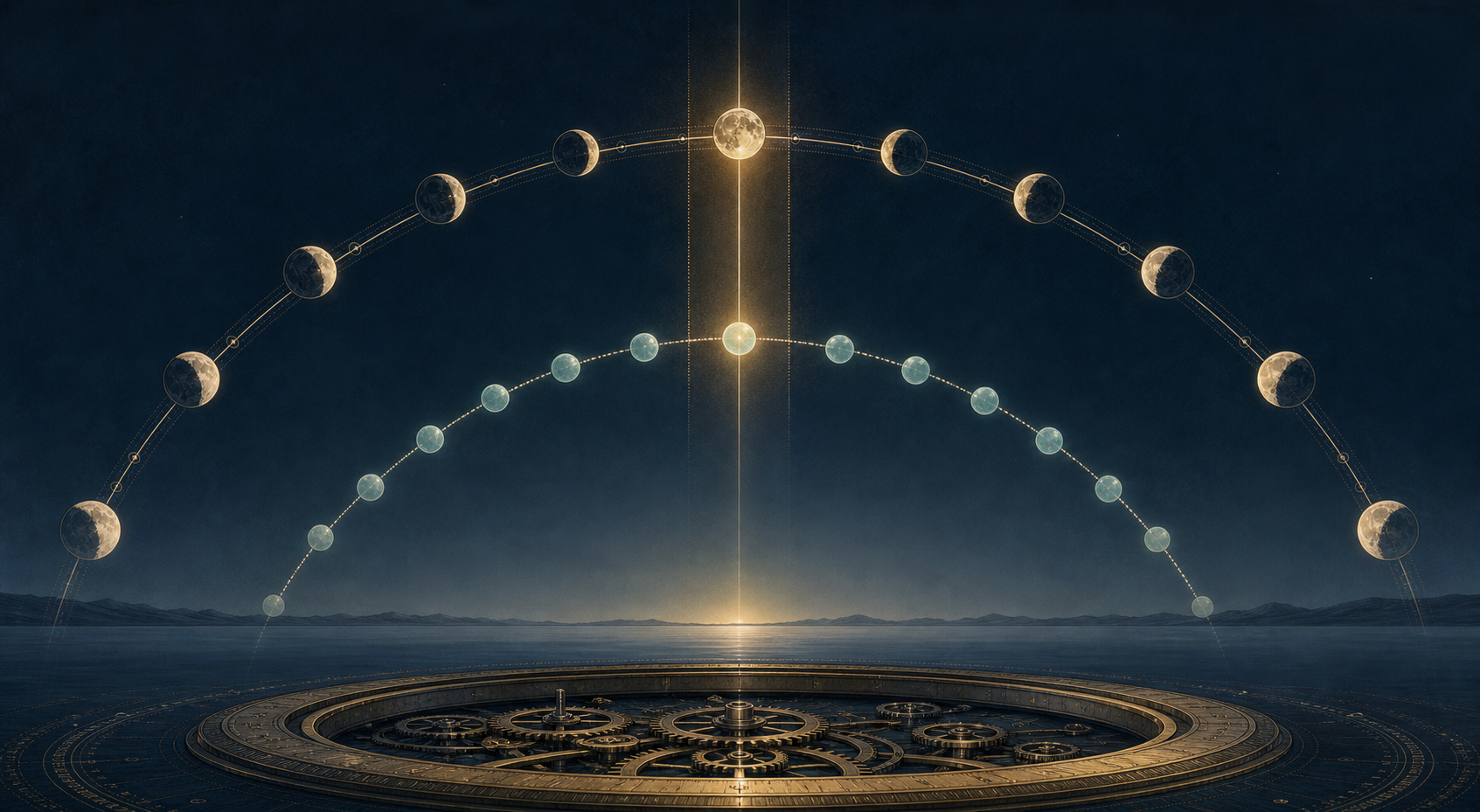 Two abstract celestial cycles converge at one illuminated point above an unlabeled clockwork ring.