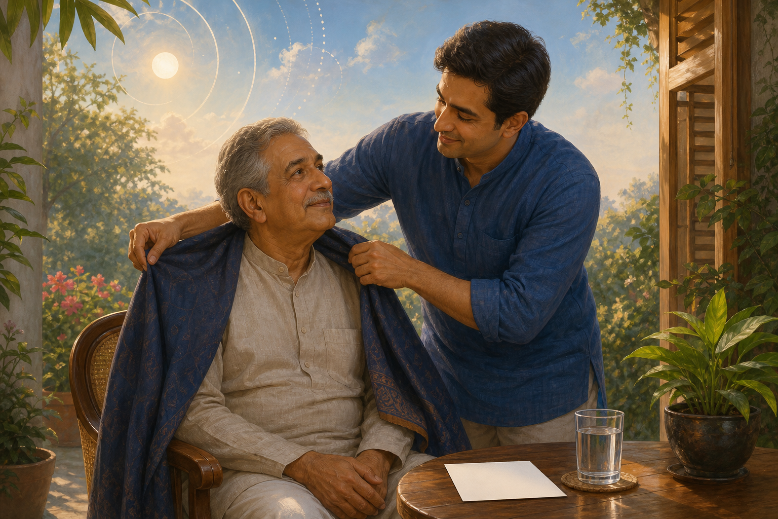 An adult child places a shawl around an older father's shoulders in a sunlit garden beside a glass of water and a blank card.