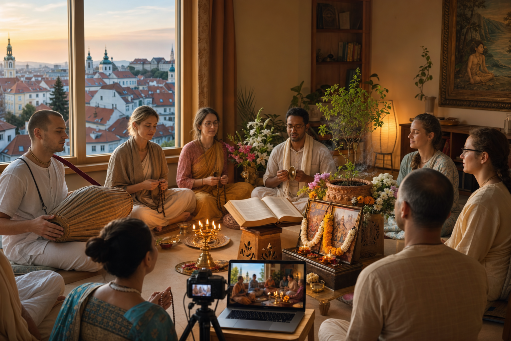 Vaishnava devotees chant and livestream morning worship in a Ljubljana temple room at dawn.