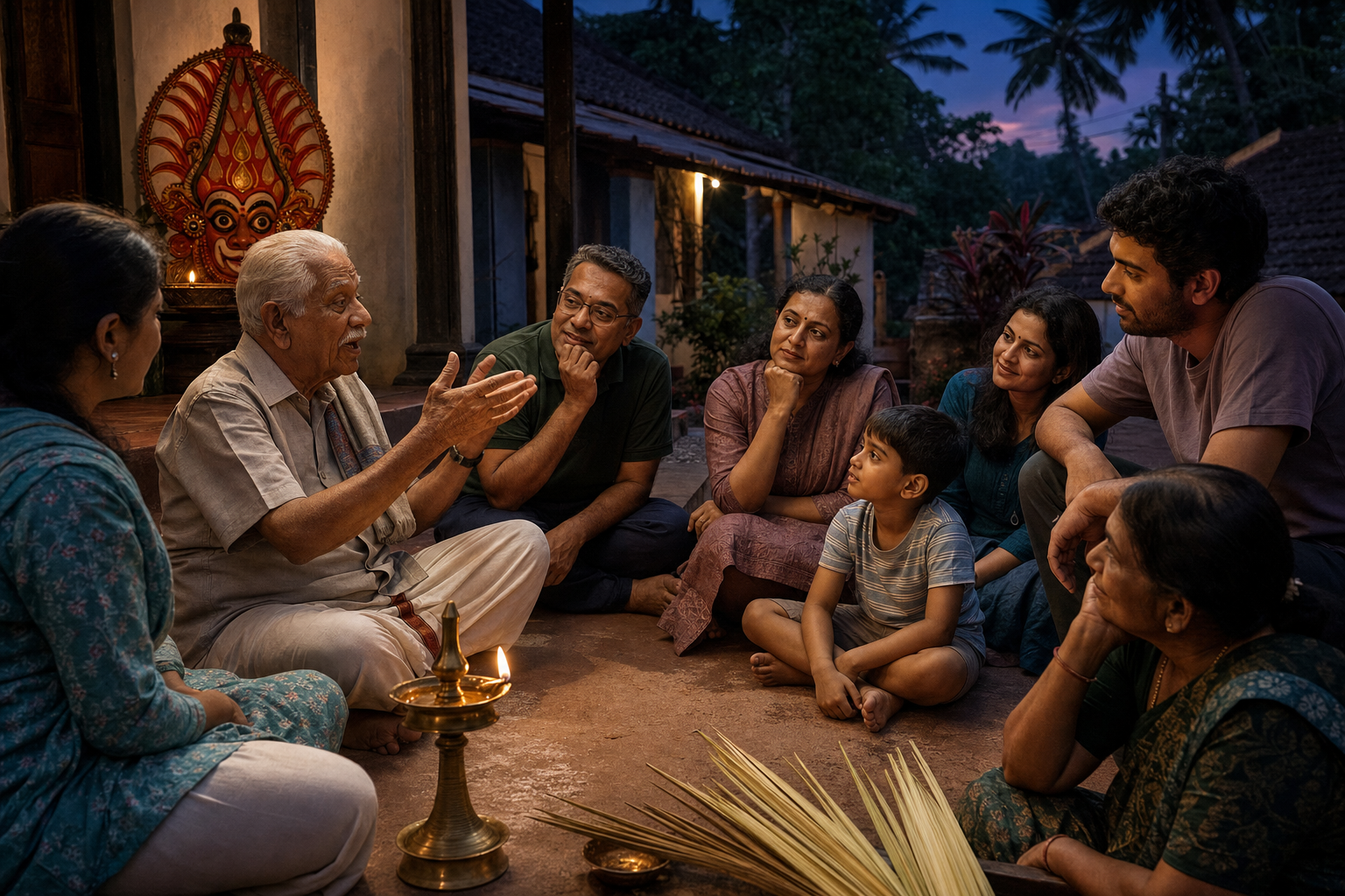 An older storyteller speaks to several generations gathered around a brass lamp in a coastal Karnataka courtyard at dusk.