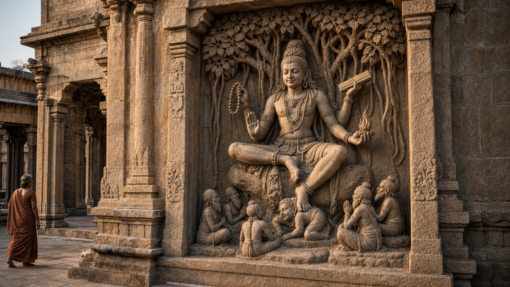 A visitor approaches a southern temple-wall niche containing a four-armed stone image of Dakshinamurti seated beneath a banyan tree above Apasmara and several sages.