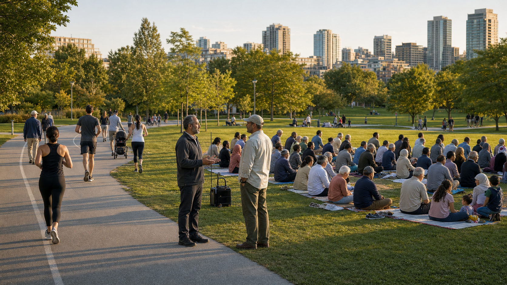 A peaceful religious gathering shares an urban park with pedestrians, cyclists, and families while an official speaks with an organizer.