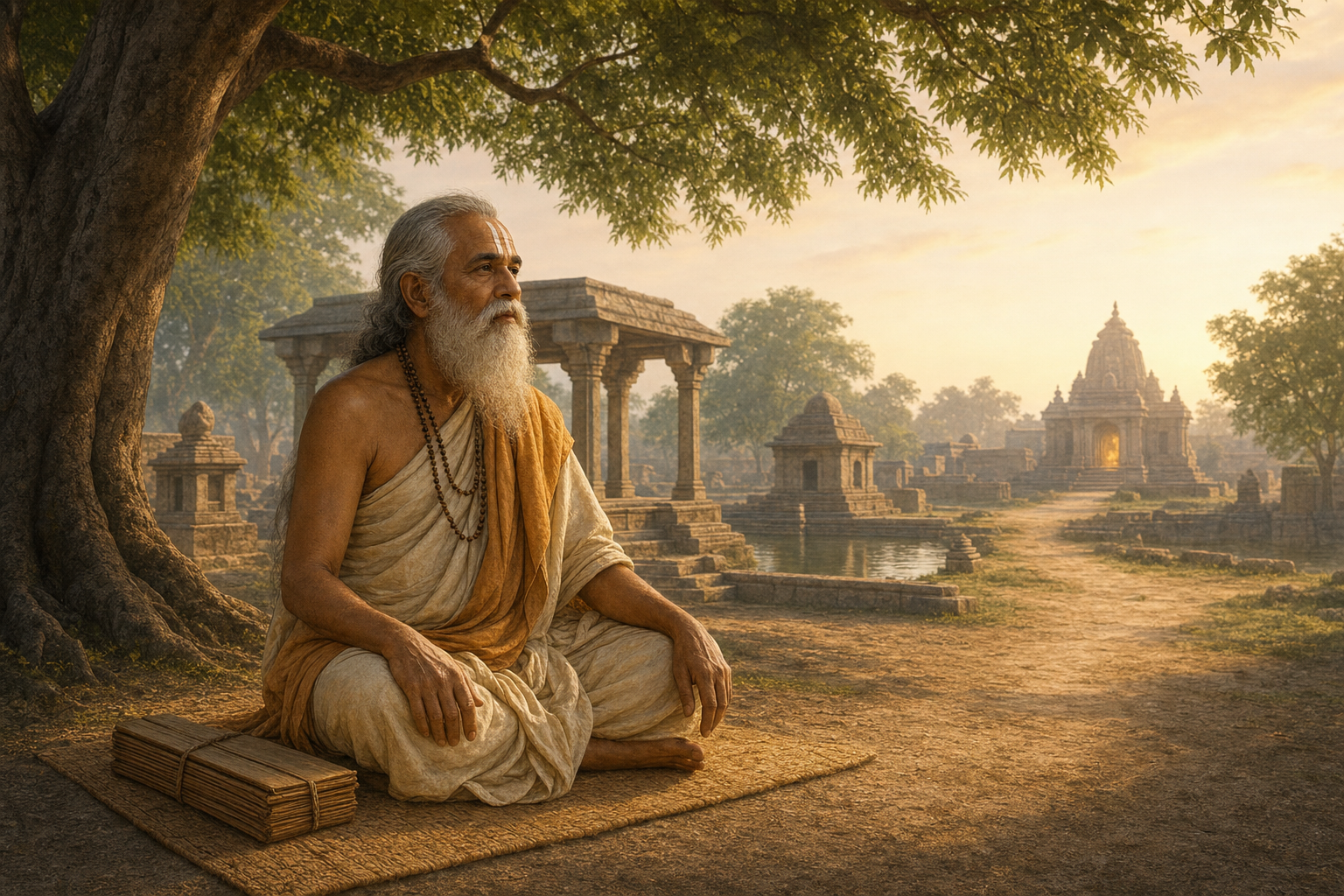 An imagined devotional portrait of Thirumazhisai Alvar seated with an uninscribed palm-leaf bundle near stone shrines and a temple tank in early Kanchipuram.