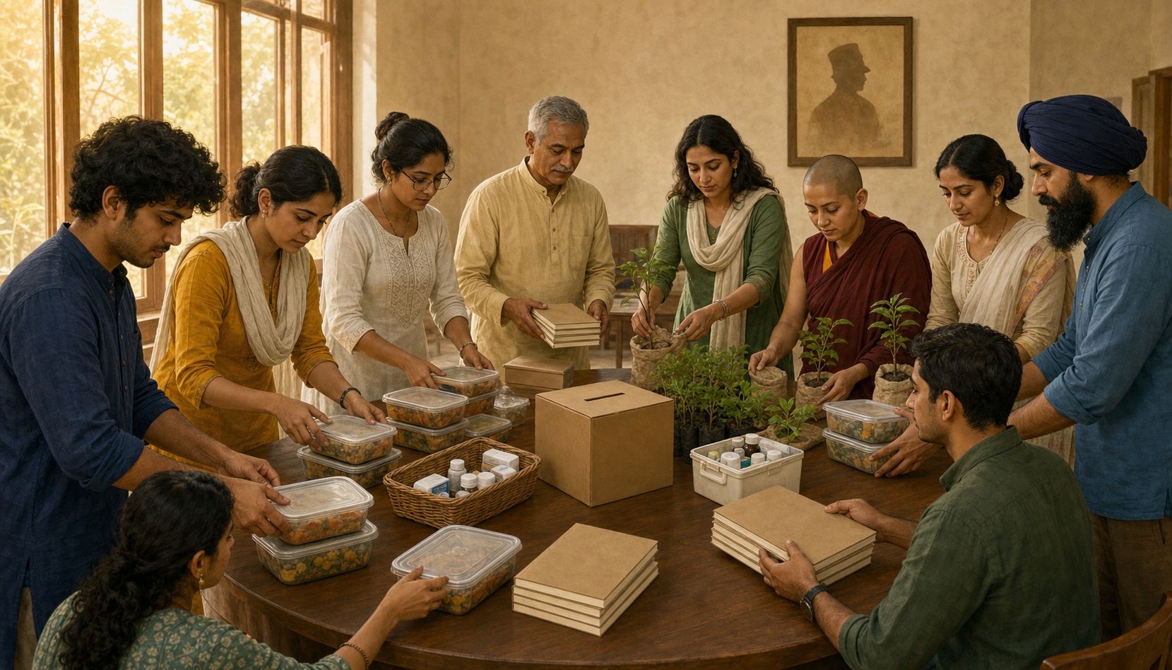 Hindu, Buddhist, Jain, and Sikh community members gather around a table with food, first-aid supplies, saplings, and planning materials in a public hall.