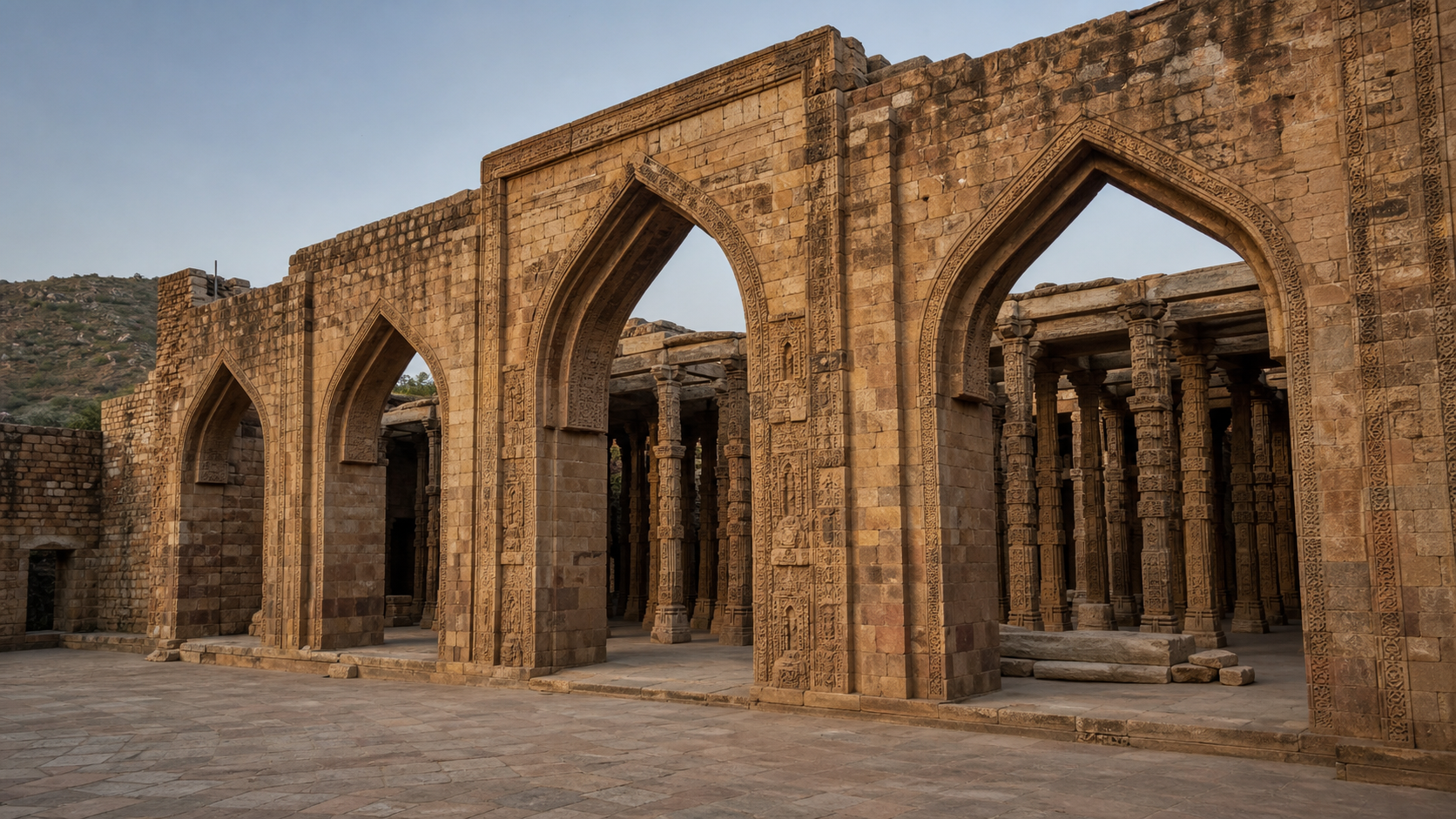 Wide view of Adhai Din Ka Jhonpra showing its arched stone screen, courtyard, and rows of carved pillars.