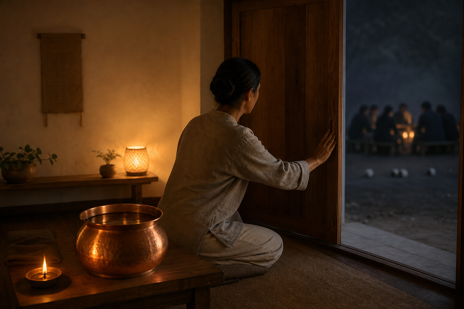 A person closes a doorway on a dark, disorderly space and turns toward a copper water vessel in a calm, lamp-lit room.