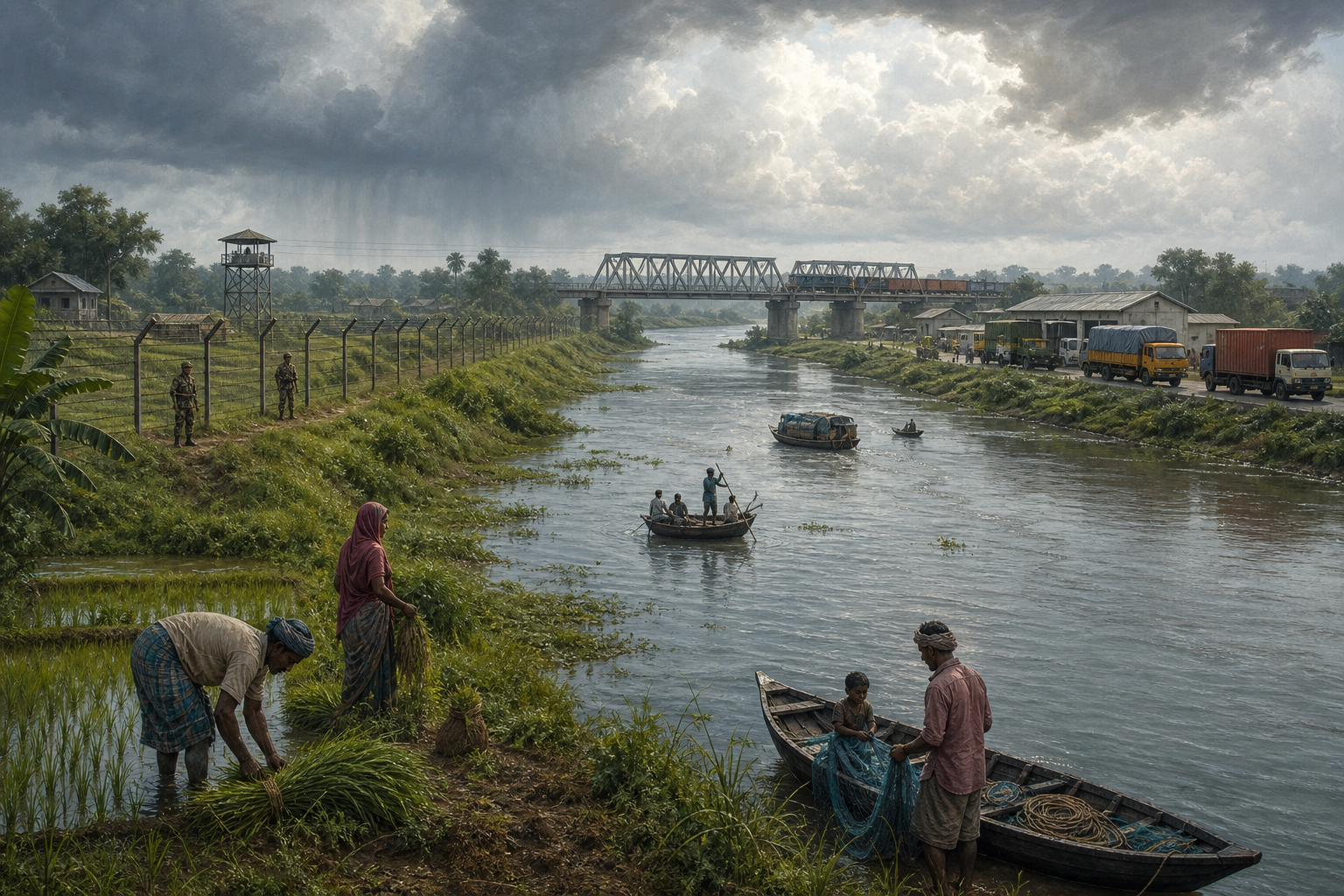 A shared river, farmland, border fence, patrol, railway and cargo crossing appear within one India-Bangladesh border landscape.