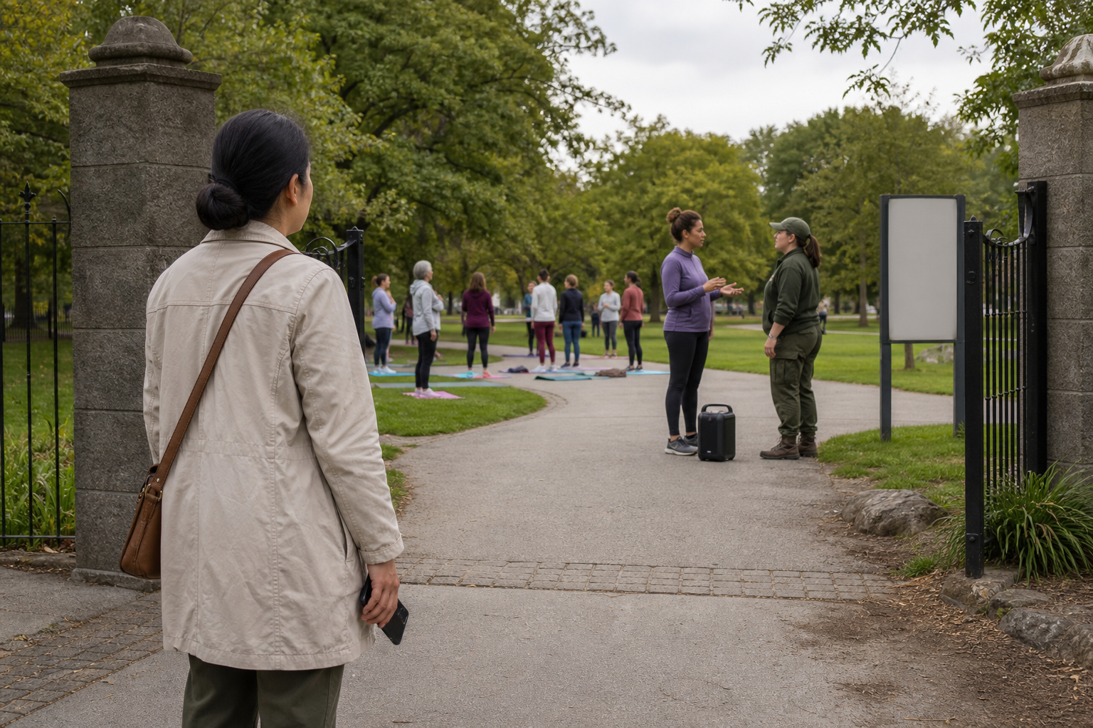 A resident observes park access, crowd size, sound equipment, and a discussion between an event coordinator and a park employee.