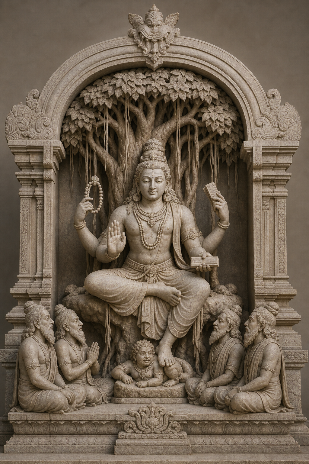 Frontal reconstruction of Medha Dakshinamurti seated beneath a banyan tree, teaching sages within a temple niche.