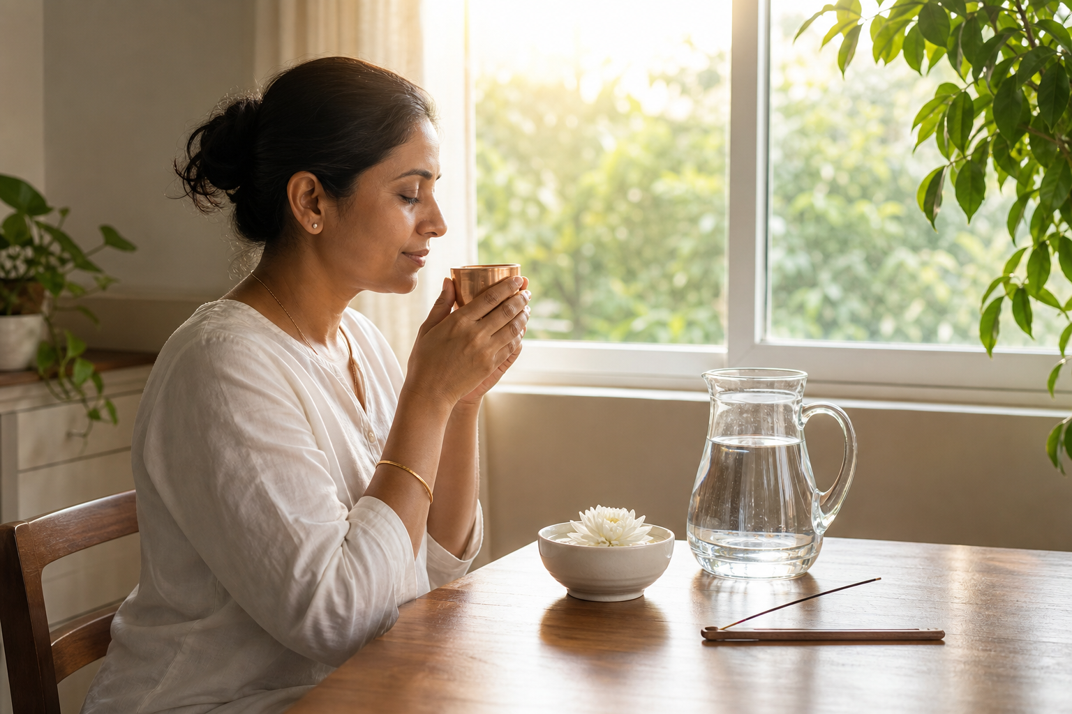 An adult holds a small copper cup of water with both hands at a sunlit household table beside a pitcher and a white flower.