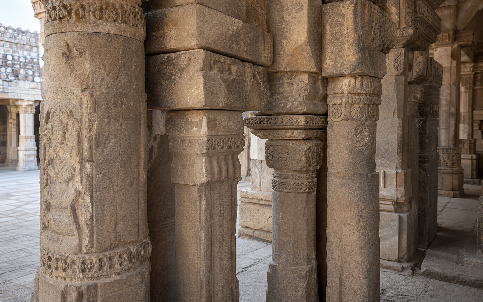 Close view of differently carved and weathered stone pillars assembled in a colonnade at Adhai Din Ka Jhonpra.